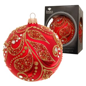 Rote Krebs Glas Lauscha Weihnachtskugel "Jewels", 10cm, mit goldener Verzierung und Strasssteinen.