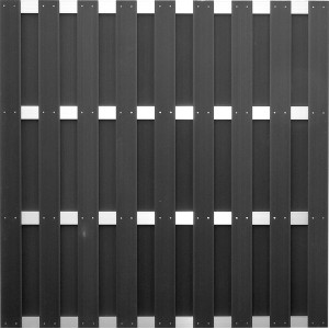 Anthrazitfarbener WPC-Sichtschutzzaun der T&J Eldena-Serie, 180x180 cm, mit hellen ALU-Querriegeln.