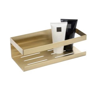 Schöner Wohnen Wandablage Meleto Gold aus Edelstahl mit zwei Kosmetikprodukten.