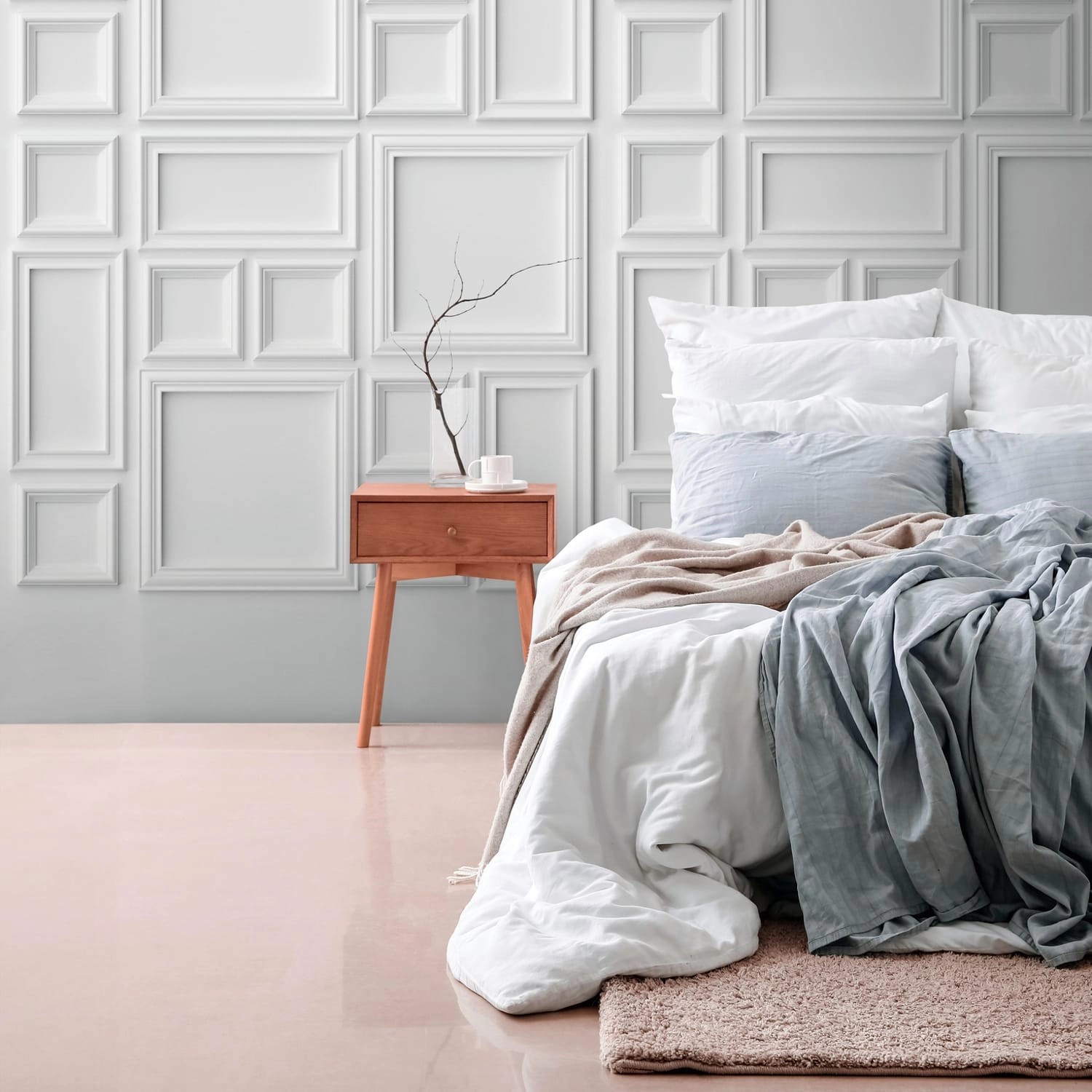 PROFHOME Fototapete 3D in Weiß/Grau im Schlafzimmer mit geometrischem Rahmenmuster.