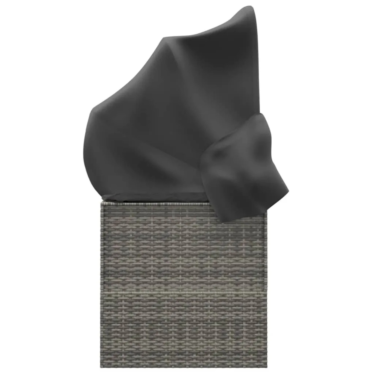 Abgedecktes graues Outdoor-Loungebett mit Dach aus Polyrattan.