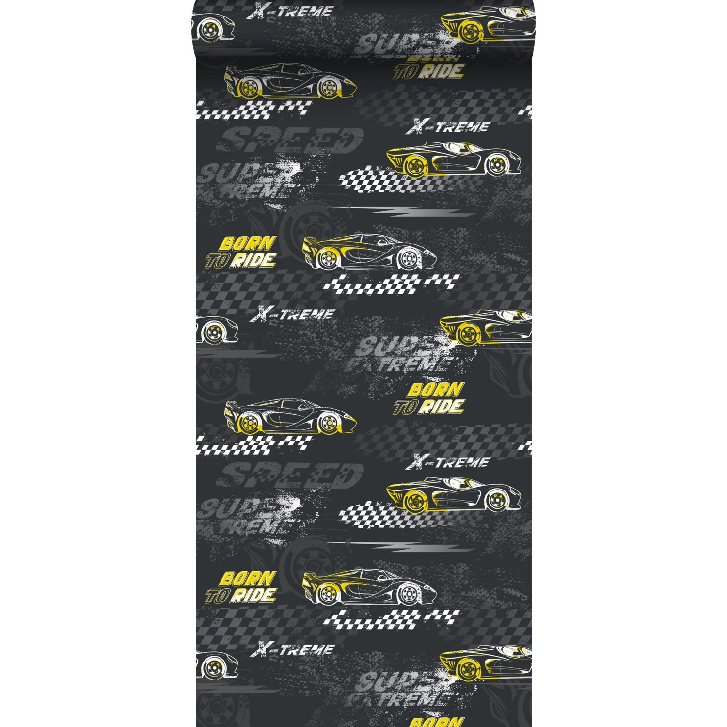 Sanders & Sanders Tapete Rennwagen Gelb und Schwarz-Weiß 50 x 900 cm günstig online kaufen