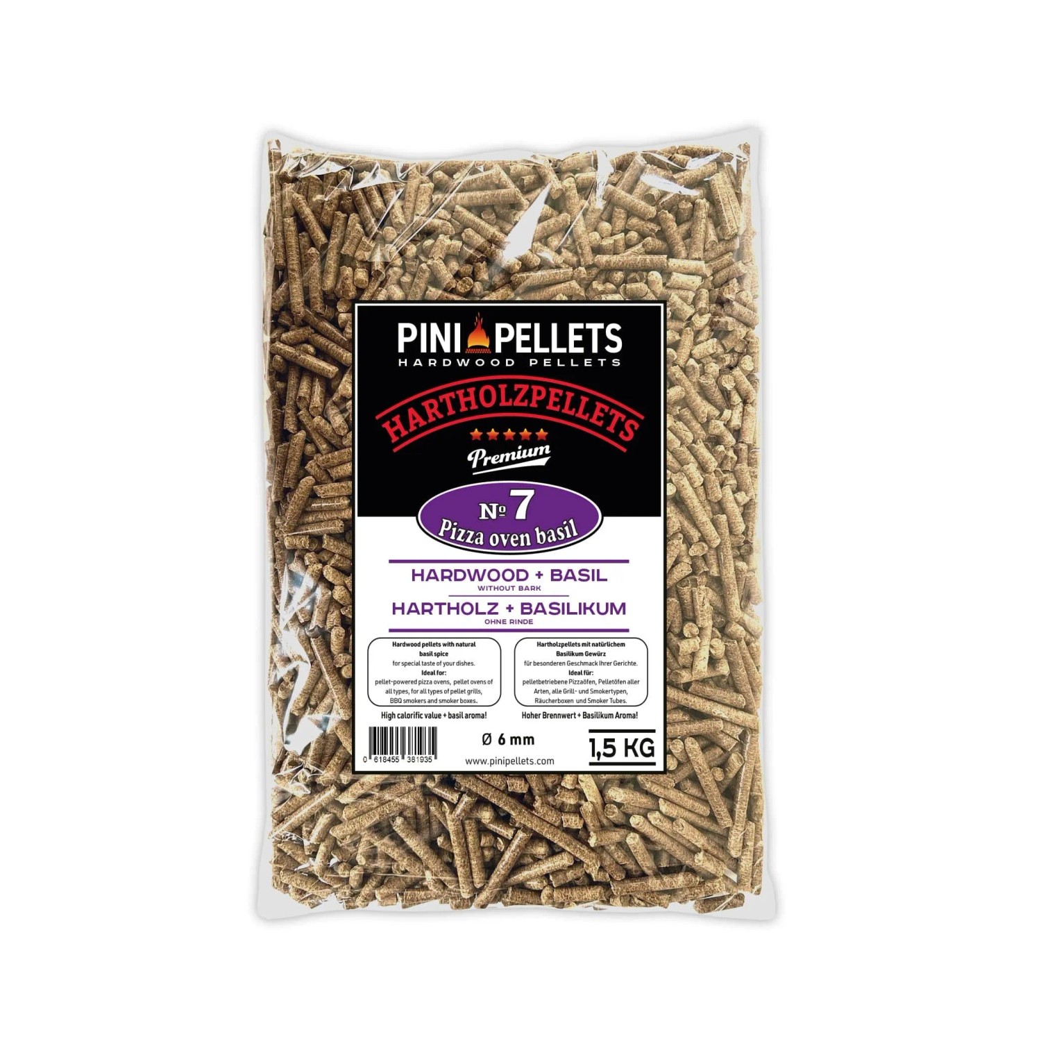 PINI Hartholzpellets 1,5 Kg BBQ Pizza Oven Basilikum № 7 Grillpellets zum Grillen Räuchern Smoken