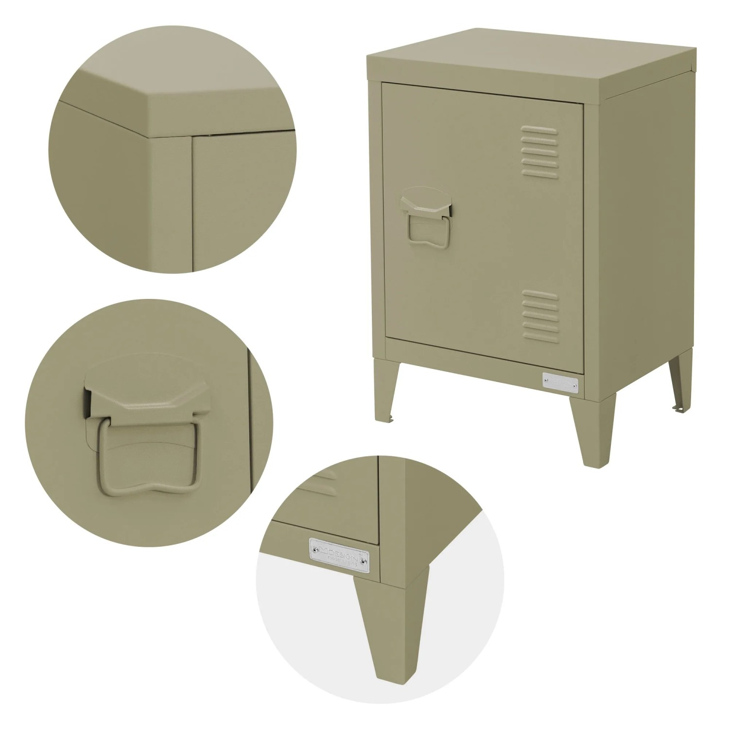 ML-Design Nachttisch Olive, 40x30x58 cm, Stahl, Industriedesign mit Tür und Lüftungsschlitzen.