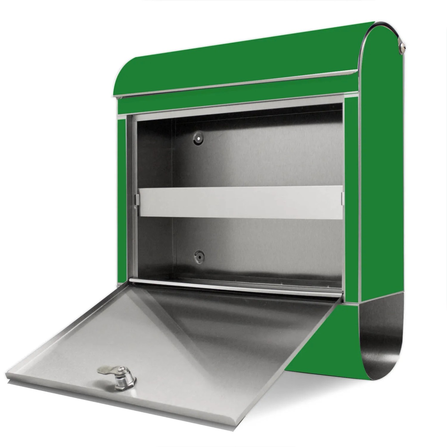 Offener Banjado Briefkasten aus Edelstahl mit grünem Motiv und Zeitungsfach.