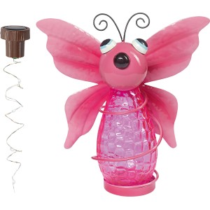 Pinke LED-Solartischleuchte Cabelli Schmetterling aus Glas und Edelstahl für den Garten.