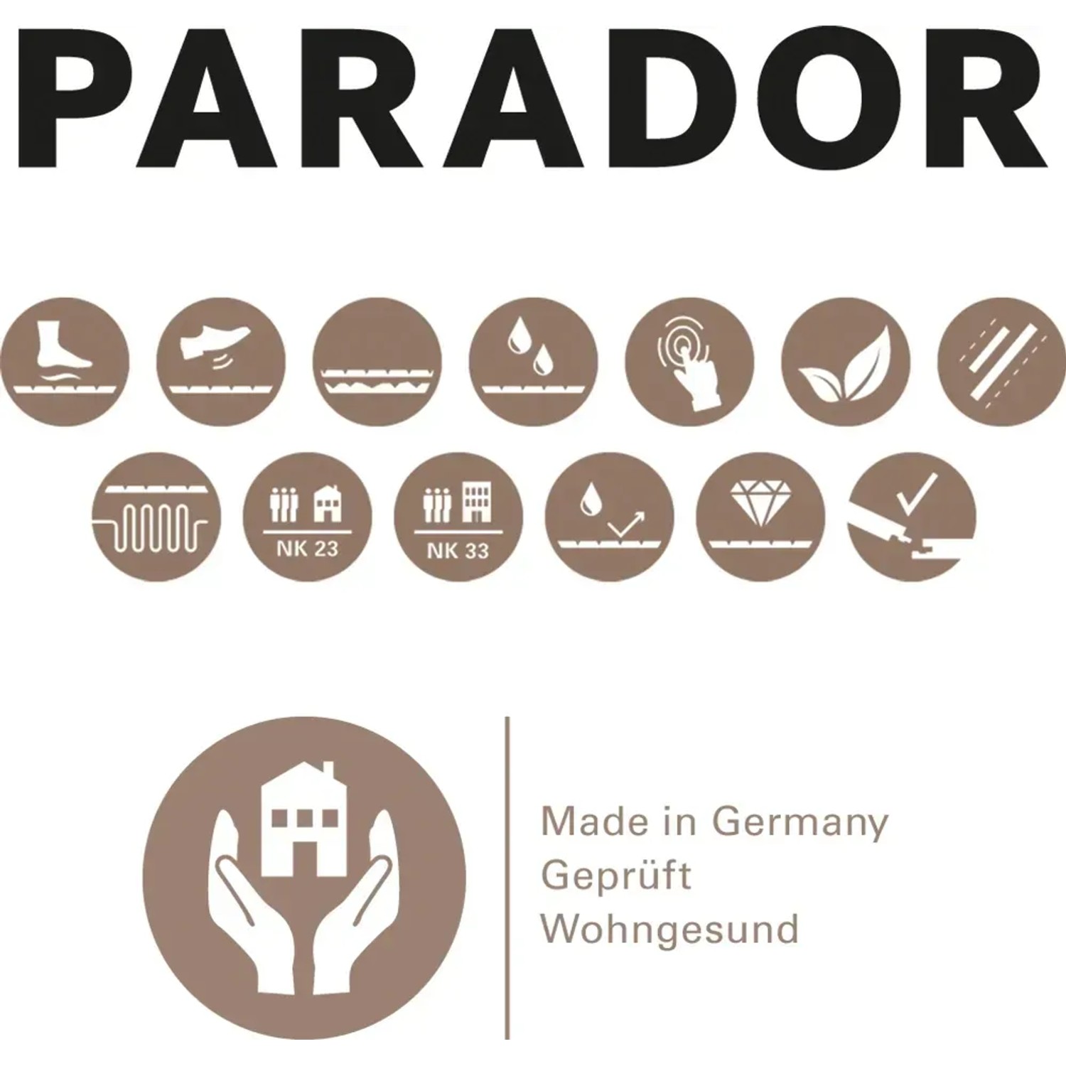 Parador Designboden Modular One Eiche Natur: Piktogramme zu Eigenschaften und Gütesiegel.