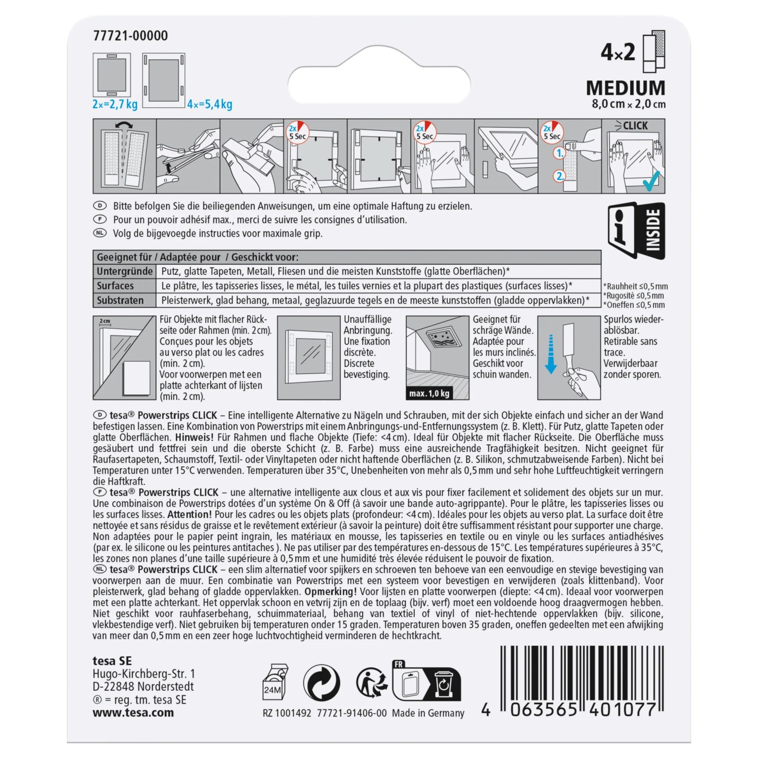 Tesa Powerstrips Click Medium, 4 Stück, für Klebenägel zur einfachen, spurlosen Befestigung.