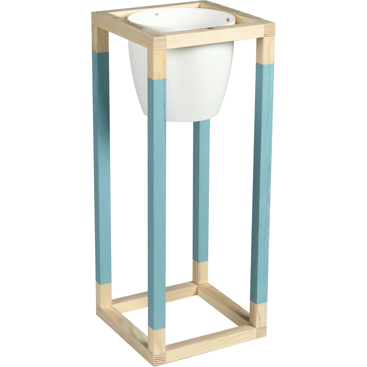 DIY Pflanzständer Mittel von CREATE! by OBI: Holzgestell mit blau lackierten Elementen und weißem Topf.