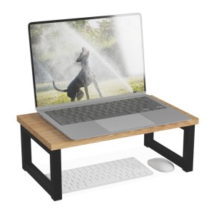 Monitorständer aus Natur-MDF und schwarzem Eisen. Ergonomische Erhöhung für Laptop/Bildschirm mit Stauraum für Tastatur.