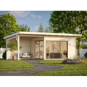 Hellgraues Palmako Gartenhaus Andrea mit Schiebetür und überdachtem Anbau im Garten.