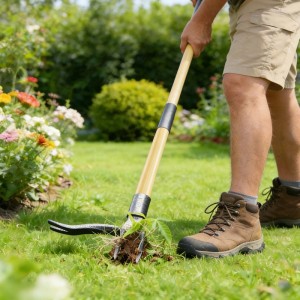 Person entfernt Unkraut mit langstieligem Unkrautstecher aus Bambus und Eisen im Garten. Effektives Gartengerät.
