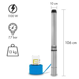 EBERTH 4" Tiefbrunnenpumpe, 1100W, Edelstahl, mit blauem Kabel und Schaltbox. Förderhöhe 74m.