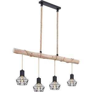 Schwarze 4-flammige Pendelleuchte Priska mit Holz und Hanfseil, modernes Design.