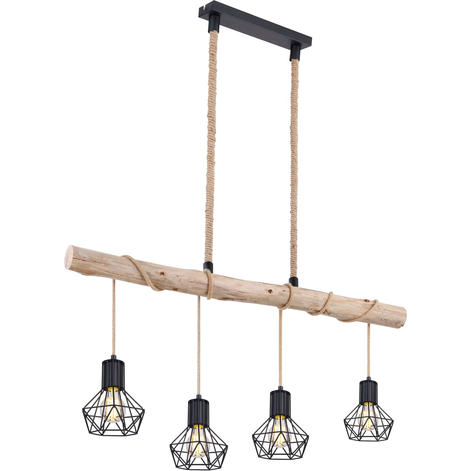 Schwarze 4-flammige Pendelleuchte Priska mit Holz und Hanfseil, modernes Design.