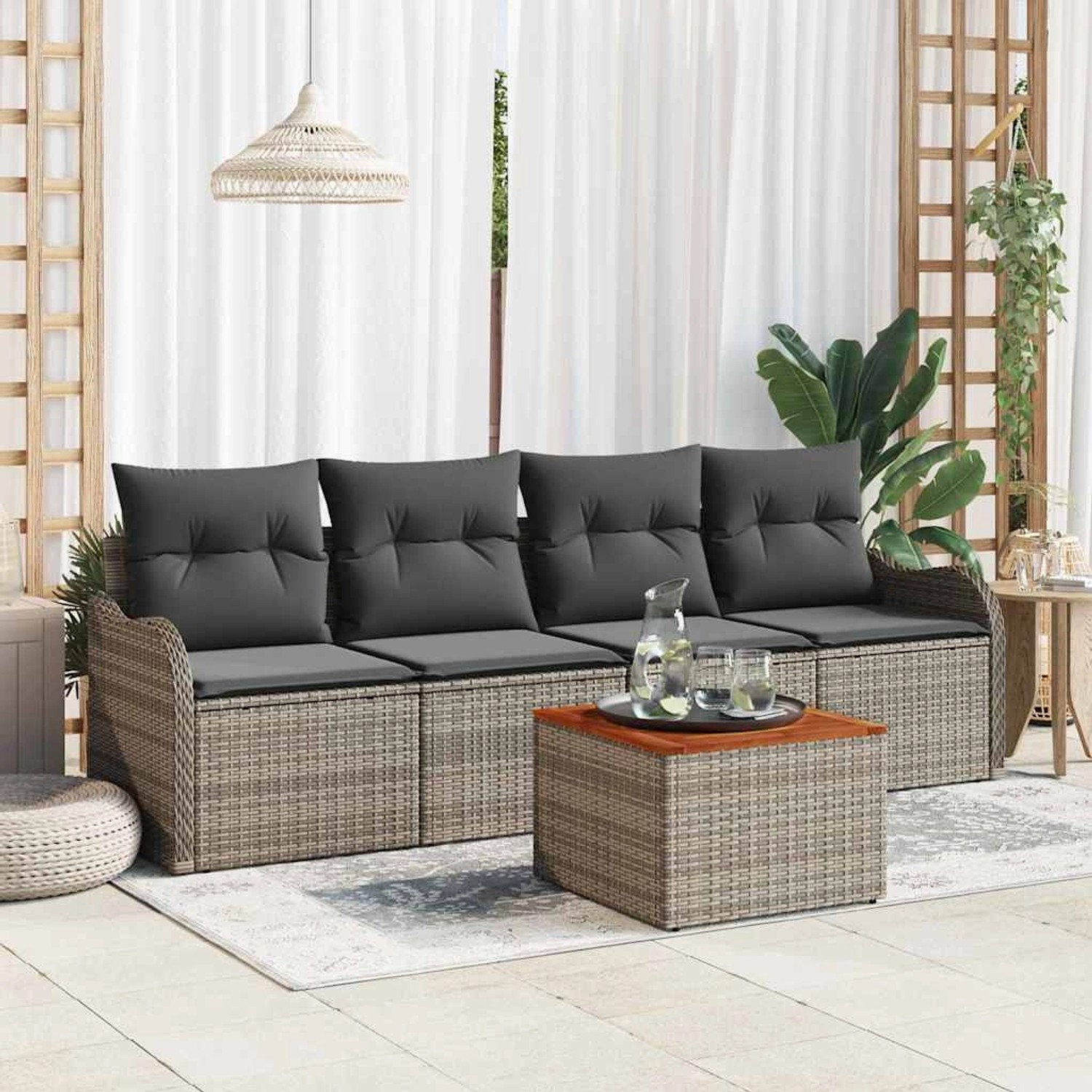 Graues 5-tlg. vidaXL Garten-Sofa-Set aus Poly Rattan mit Tisch und Stauraum.