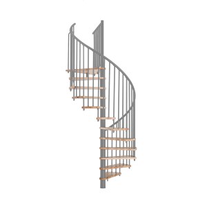 Minka Spindeltreppe Spiral Smart, Buche grau, 100 cm Durchmesser. Innentreppe mit Holzstufen und grauem Geländer.