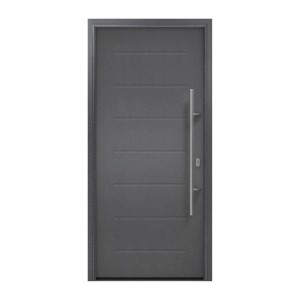 EcoStar Haustür Isopro IP 015 in Anthrazitmetallic mit Edelstahlgriff und horizontalen Sicken.