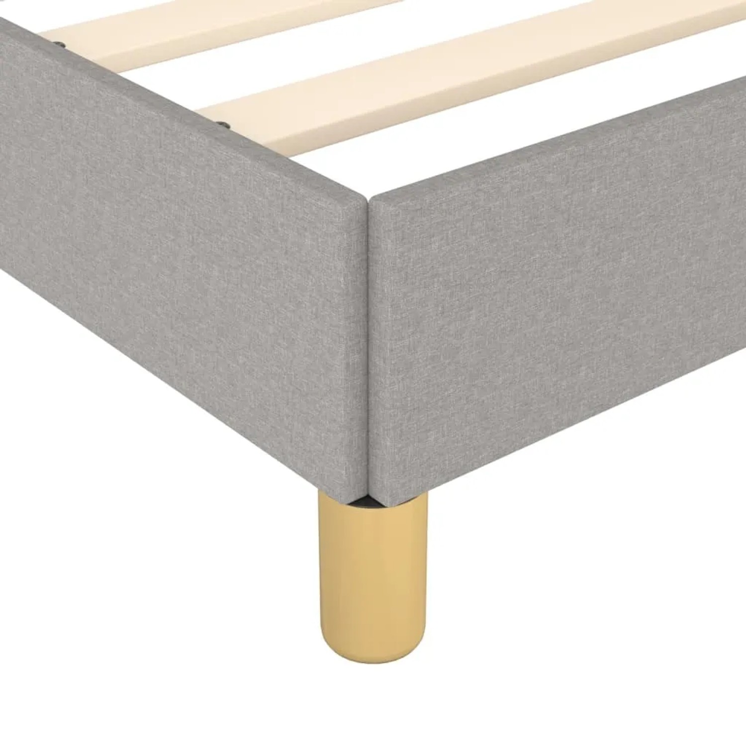 Detailansicht: Hellgraues Stoff-Bettgestell 90x200 mit goldenen Füßen.