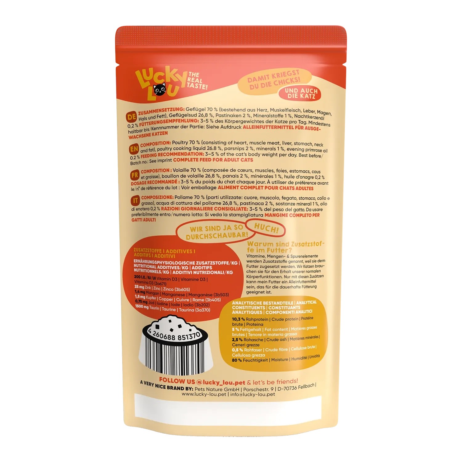 Lucky Lou Katzen-Nassfutter Adult Geflügel, 125g Packung für ausgewachsene Katzen.