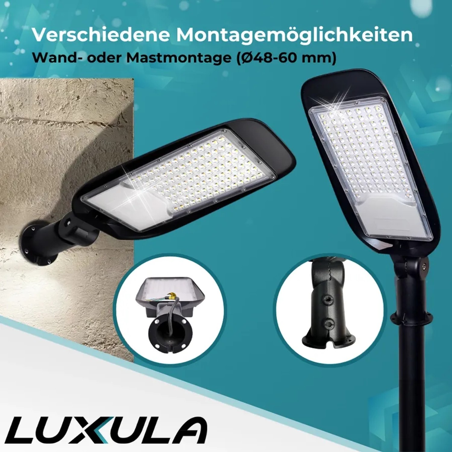 LUXULA LED Straßenlaterne 50W 2er-Set – 5800 Lumen, IP65, 5000K Neutralweiß – Für Hof, Einfahrt & Parkplatz