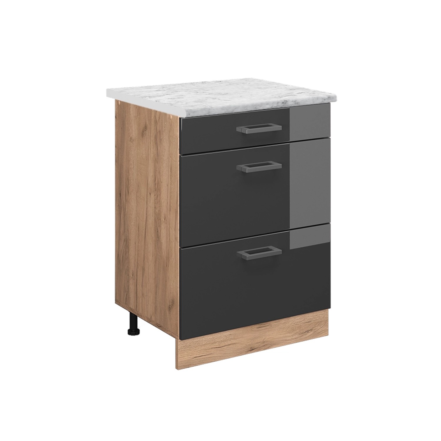 Vicco Küchenschrank R-Line Schubladenschrank für die Küche Anthrazit Hochglanz 60 cm AP Marmor mit Goldkraft Eiche Korpu...