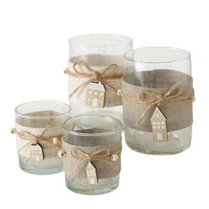 Boltze Home Windlicht Nordy 2er-Set, mehrfarbig, mit Haus-Motiv aus Holz und Juteband.