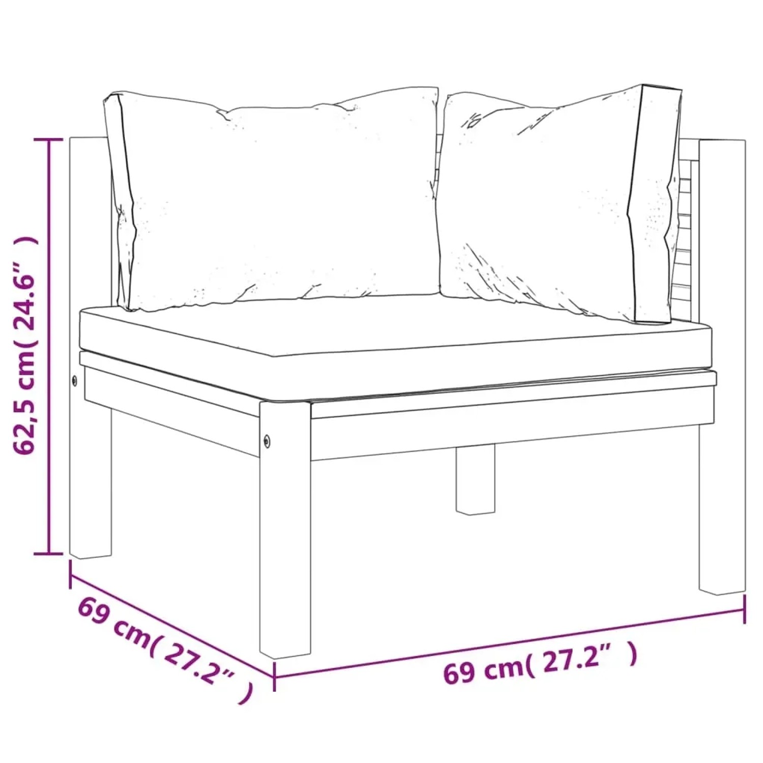 Skizze eines Gartenmöbel-Eckteils aus Akazienholz mit Polstern und Kissen, Teil eines Lounge-Sets.