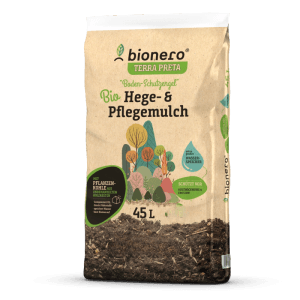 Bionero Hege- & Pflegemulch 45L Sack: Bio-Mulch mit Pflanzenkohle zur Bodenverbesserung und Schutz vor Austrocknung.