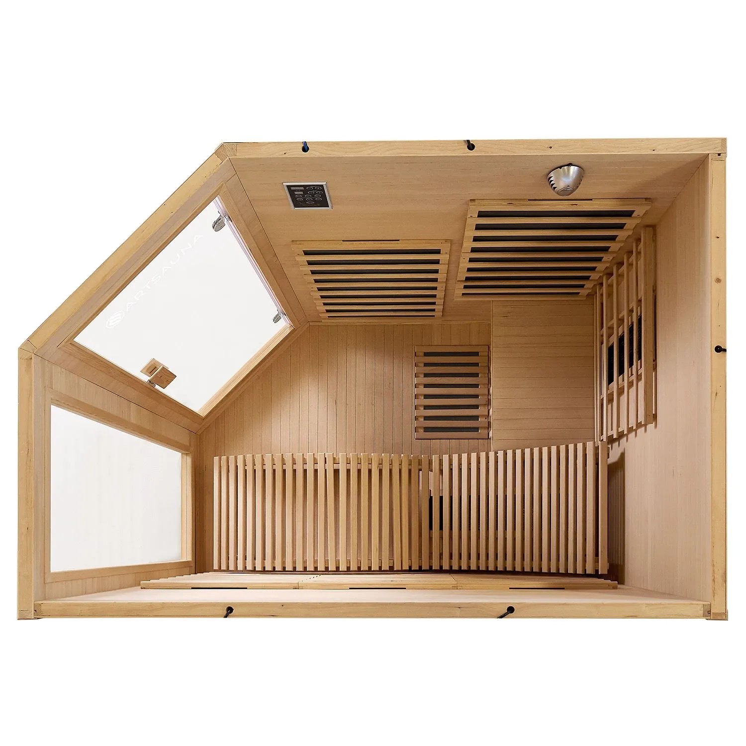 Innenansicht der Artsauna Infrarotkabine Esbjerg aus Hemlockholz mit Liege und Sitzbank.