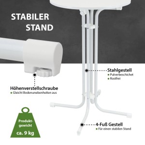 Detailaufnahme: Weißer TRUTZHOLM Stehtisch mit Stahlgestell, Höhenverstellung und stabilem 4-Fuß Gestell.