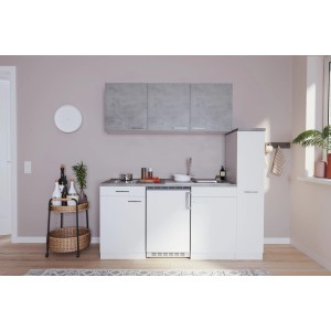 Respekta Singleküche KB180WWBCG, 180 cm, Weiß/Beton-Optik mit Kühlschrank, Kochfeld und Spüle.