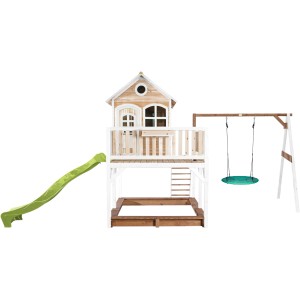 Axi Liam Spielhaus mit Nestschaukel, Rutsche und Sandkasten in Braun, Weiß und Lindgrün.