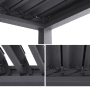 Detailansicht der anthrazitfarbenen MWH BBQ Pergola mit verstellbarem Lamellendach und Entwässerungssystem.