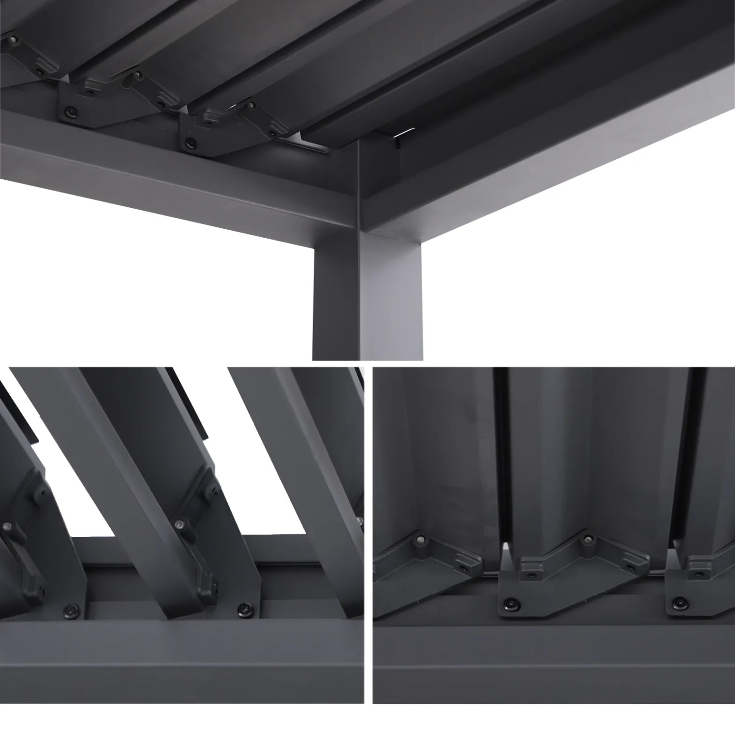 Detailansicht der anthrazitfarbenen MWH BBQ Pergola mit verstellbarem Lamellendach und Entwässerungssystem.