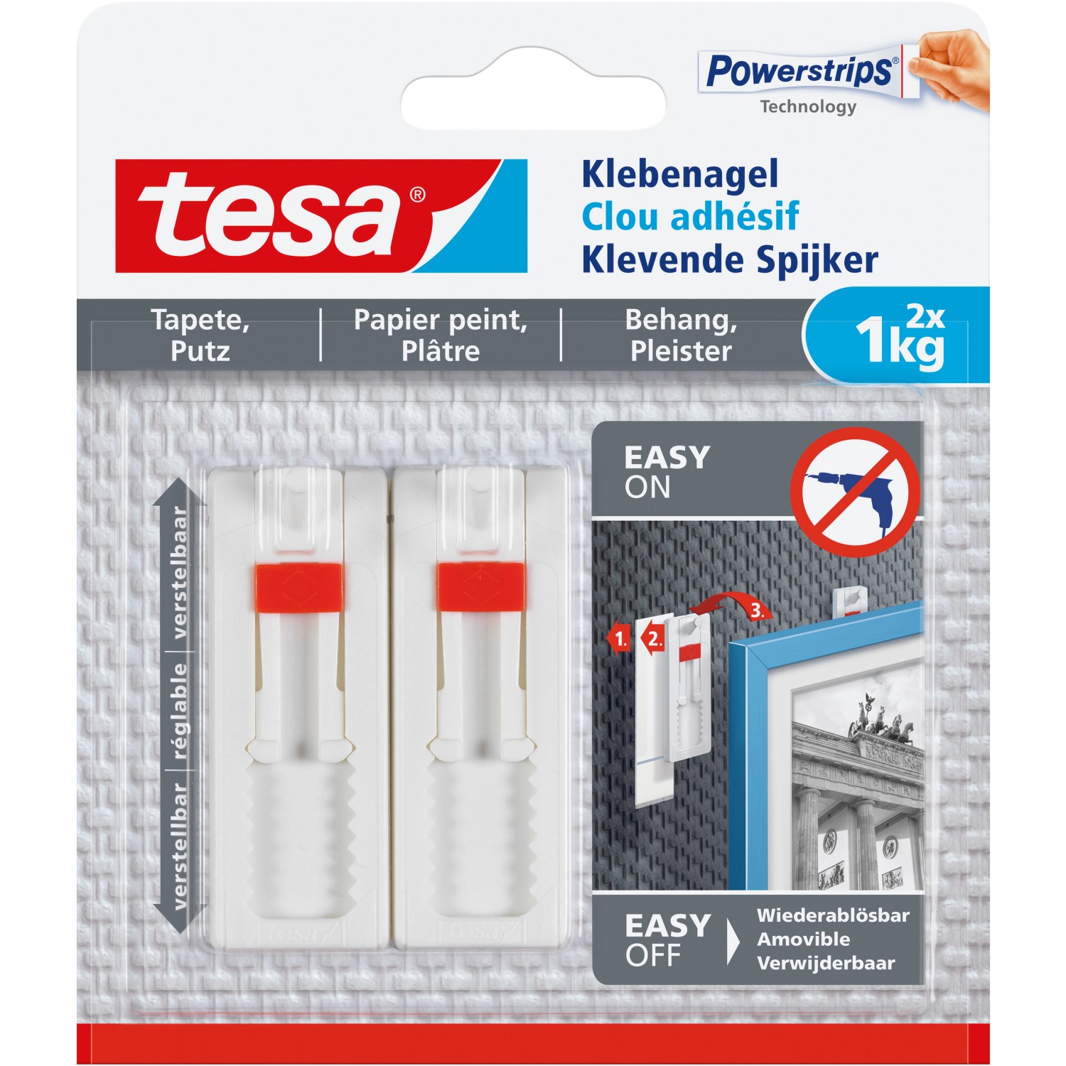 Tesa Klebenagel für Tapeten und Putz verstellbar (max. 1 kg)