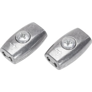 Zwei ovale Seilklemmen Ø 2 mm aus Zink für Draht- und Faserseile.