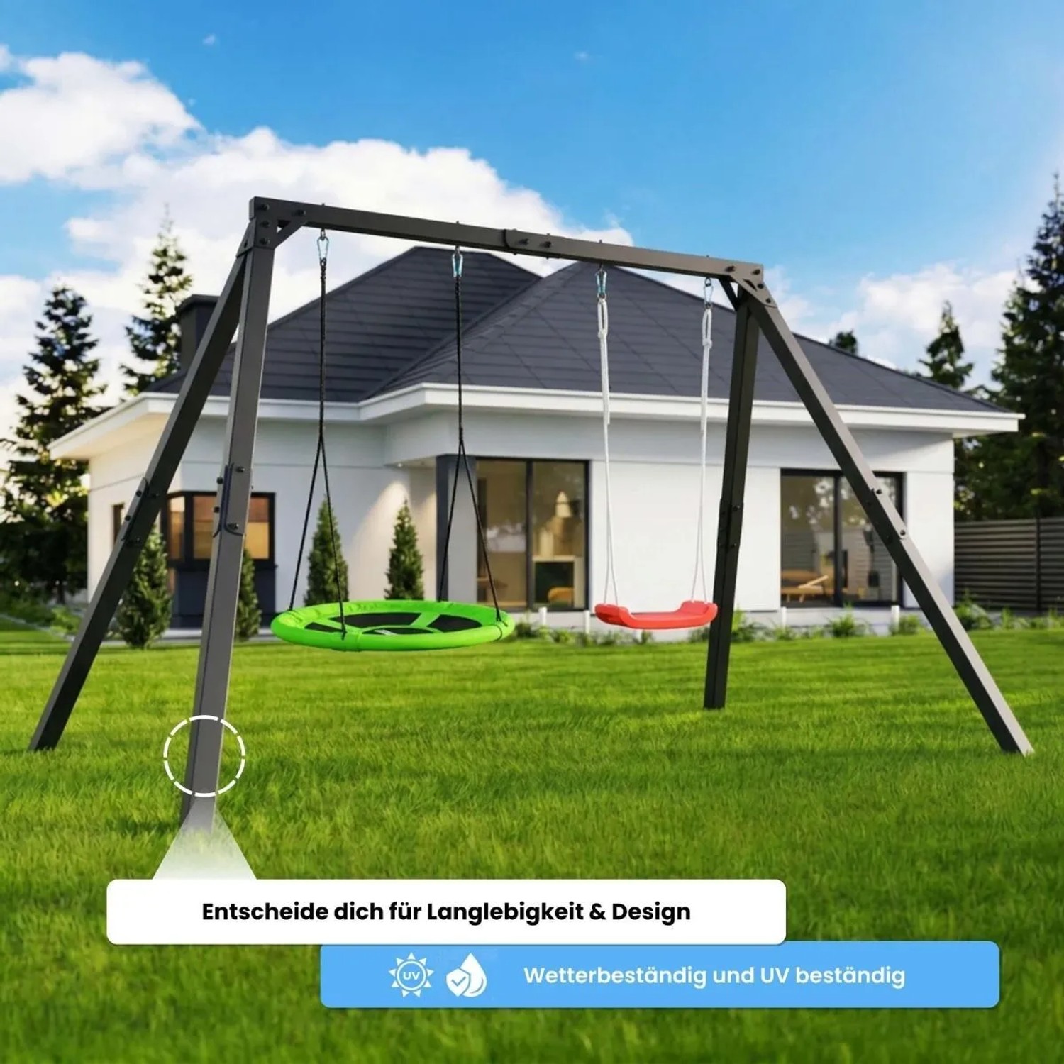 K-SPORT Doppelschaukel aus Metall mit Nestschaukel und Brettschaukel im Garten.