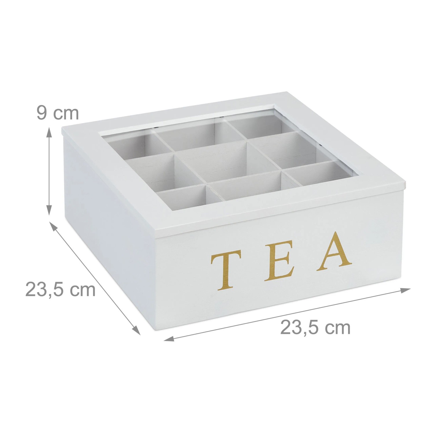 Weiße Bambus Teebox mit 9 Fächern, Acryl-Sichtfenster und goldenem "TEA" Schriftzug. Maße: 9x23,5x23,5 cm.