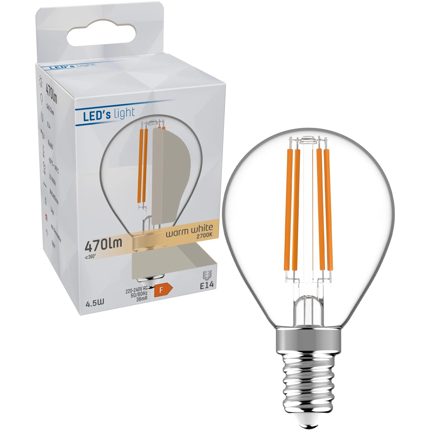 E14 LED-Filament Leuchtmittel Globe G45, 4,5W, 470lm, Ø 4,5cm. Warmweißes Licht.