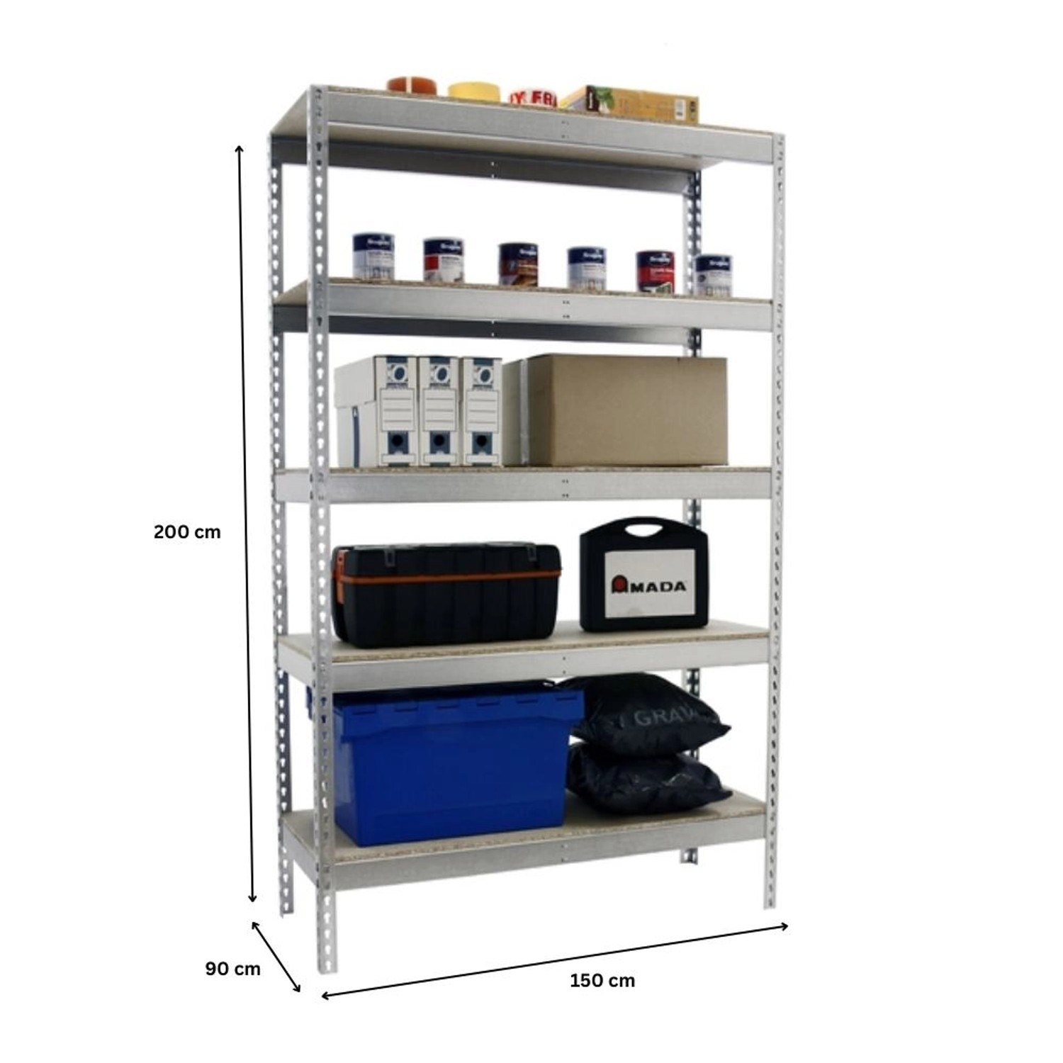 Verzinktes PROREGAL Schwerlastregal Wood Beast mit 5 Ebenen, beladen mit Werkzeug und Farbe.