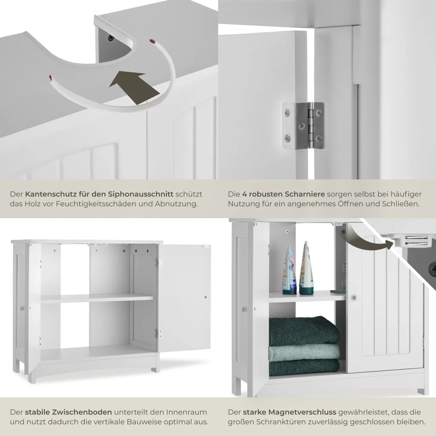 Tectake Waschbeckenunterschrank Jasper, weiß, mit 2 Fächern und Landhausstil-Design.