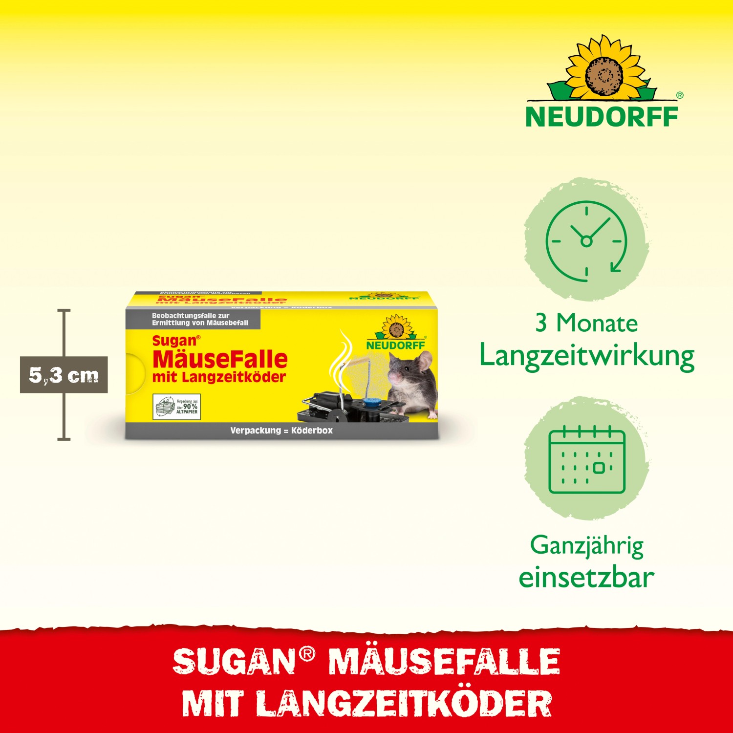 Neudorff Sugan Mäusefalle mit Langzeitköder, gelbe Verpackung mit Falle und Maus. Zur Schädlingsbekämpfung.