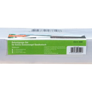 Verpackung des Siena Garden Befestigungs-Sets für Solino Sonnensegel, quadratisch, aus Edelstahl.