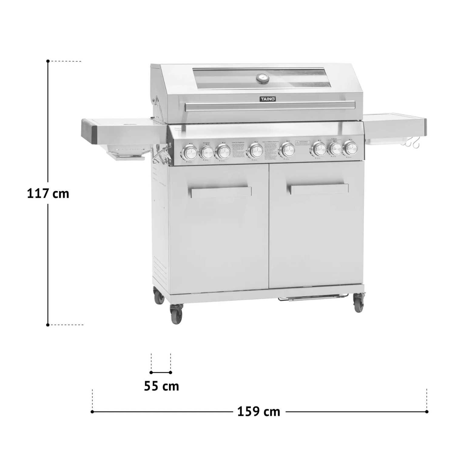 Taino Platinum Yamara 6+2 Gasgrill aus Edelstahl mit 6 Brennern, Sear- und Backburner, Frontansicht mit Maßangaben.