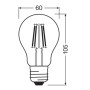 Skizze einer klaren Osram E27 LED Glühbirne, 3,4W, 470lm, 10,5x6cm, 2er-Pack, mit Maßangaben.