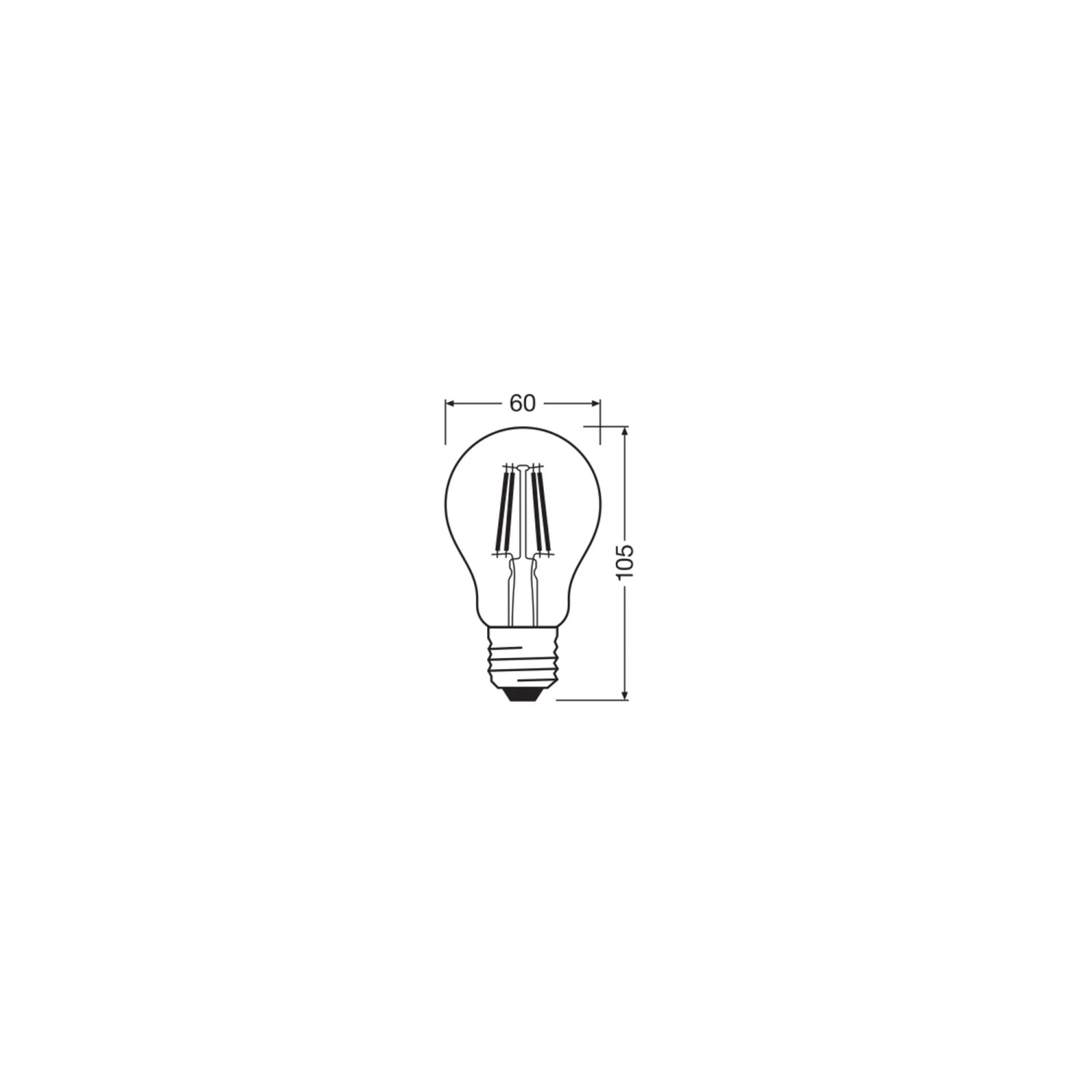 Skizze einer klaren Osram E27 LED Glühbirne, 3,4W, 470lm, 10,5x6cm, 2er-Pack, mit Maßangaben.