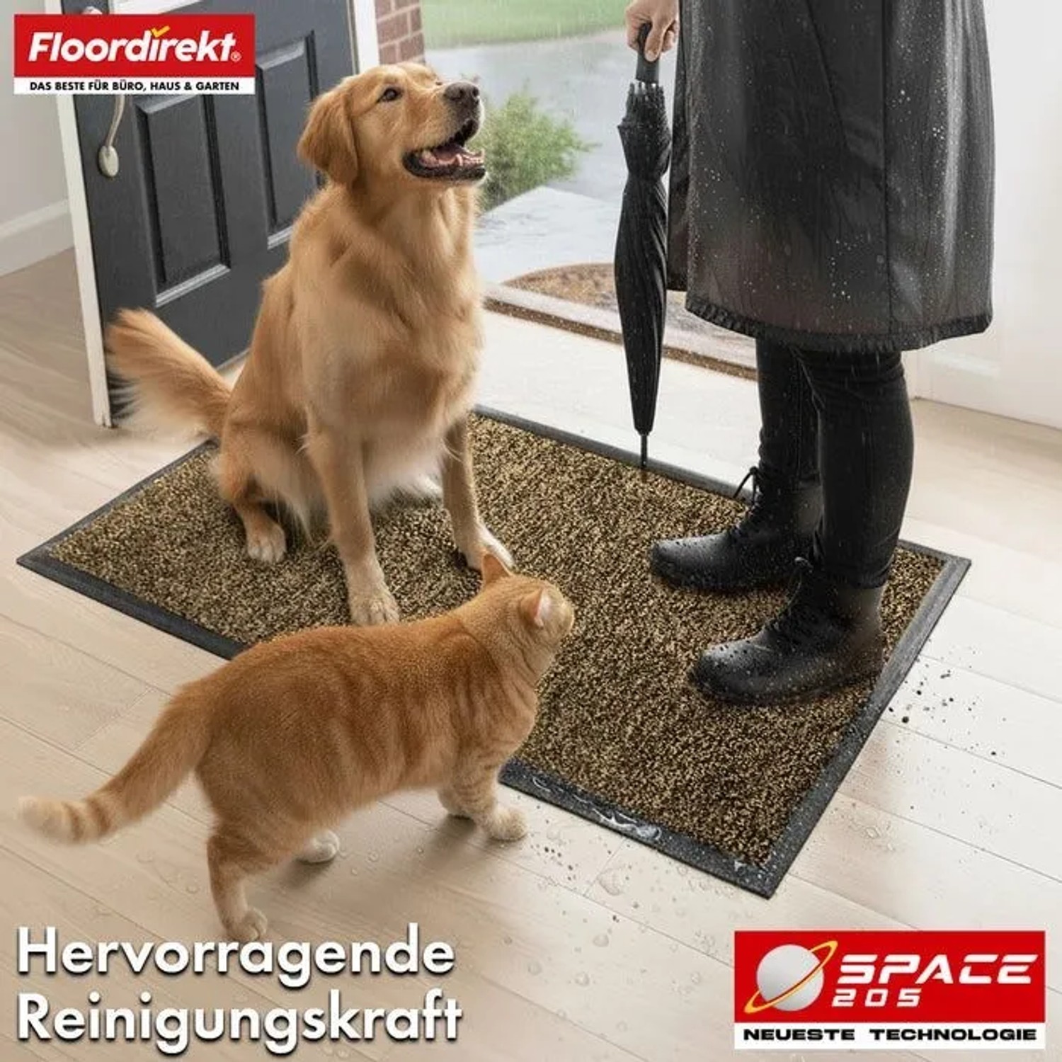 Ockerfarbene Floordirekt Schmutzfangmatte Space 205. Rutschfest, fängt Schmutz und Nässe von Schuhen und Pfoten am Eingang ab.