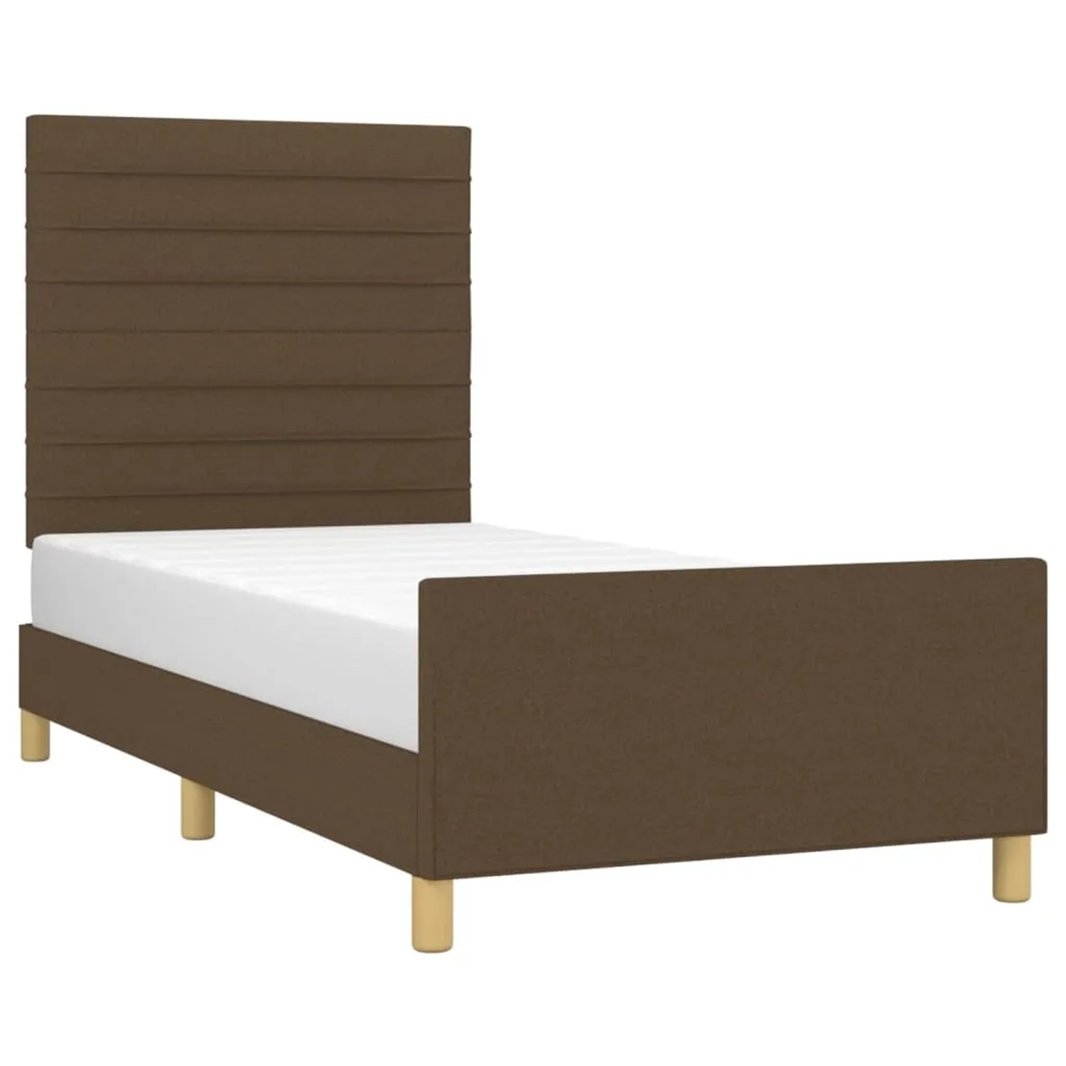 Dunkelbraunes Stoff-Bettgestell 90x200 cm mit Kopfteil für Schlafzimmer.