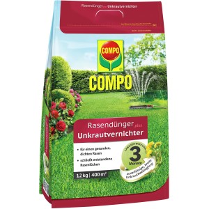 Compo Rasendünger plus Unkrautvernichter, 12kg für 400m², zur Rasenpflege und Unkrautbekämpfung.